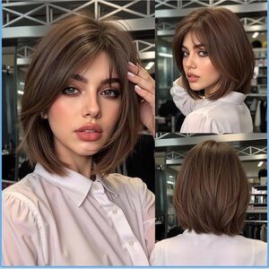 Heat Resistant Human Hair Wigs Short Straight Bob Brown Hair with Curtain Bangs